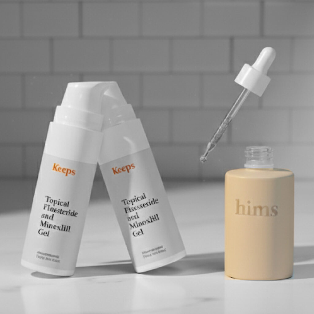 Men's hair loss products on white countertop